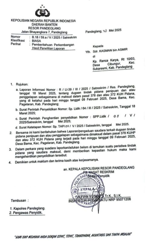 Tak Puas Laporannya di SP3, Pelapor Akan Lapor ke Polda Banten